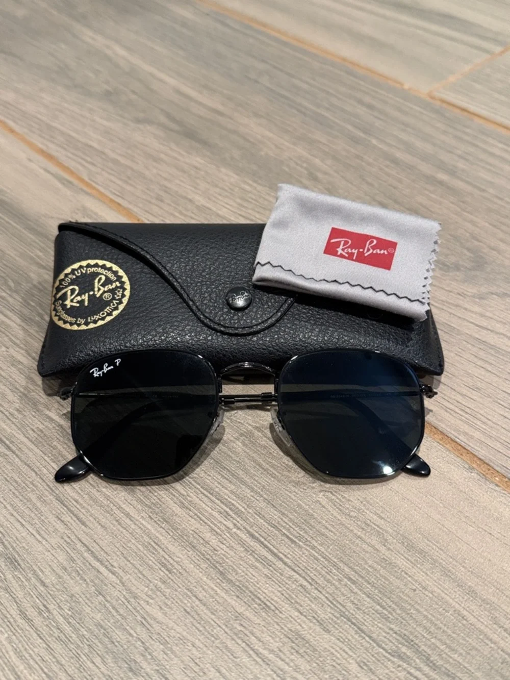 Ray-Ban Hexagonal Black Frame Sunglasses with Dark Green Lenses
